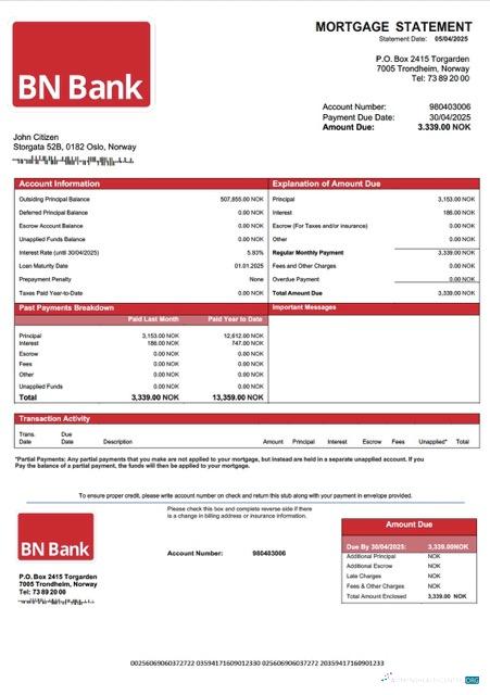 Download Norway BN Bank mortgage statement Word and PDF template Photoshop template
